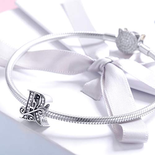 BISAER 925 Sterling Silver Initial Letter A-Z Charms for Bracelets Alphabet Beads Charm Jewelry Gifts - color: Letter R