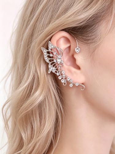 2Pcs Rhinestone Butterfly Earrings Ear Cuffs Non-Pierced Fake Earrings Butterfly Climber Wrap Around Earring Dainty Adjustable Ear Clip Jewelry for Women - color: Style3-silver