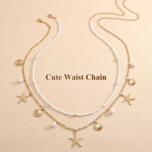 Waist Chain for Women,Waist Beads Adjustable Gold Belly Chain Sexy Body Chains,Shell Beads Pearl Waist Jewelry Beach Bikini Accessories