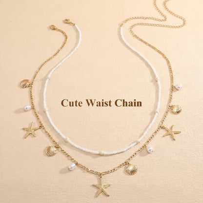 Waist Chain for Women,Waist Beads Adjustable Gold Belly Chain Sexy Body Chains,Shell Beads Pearl Waist Jewelry Beach Bikini Accessories