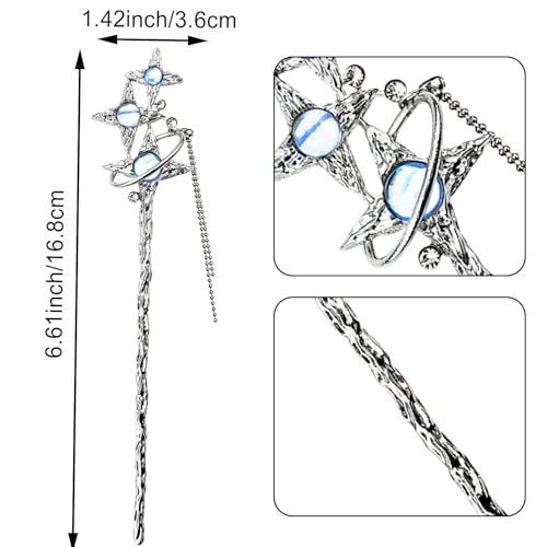 5PCS Star Moon Hair Sticks for Buns Long Hair Chinese Hanfu Asian Vintage Hair Chopsticks Metal Silver Hair Bun Updo Holders Long Hairpins for Women Girls