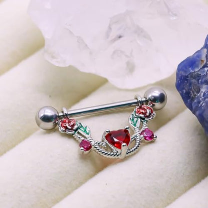 2pcs 14G Nipple Rings Flower Nipple Bars Surgial Steel 316L Nipple Piercing Jewelry Heart Nipple Barbell for Women - color: Rose red