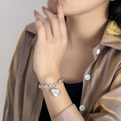Dankadi Women 925 Sterling Silver Round Cable Wire Link Bracelet Charm Heart-Bell-Square-Circle Pendant Chain Bangle Fine Jewelry Gift For Wife Her - color: 6mm Silver Heart Pendant, size: 7 in
