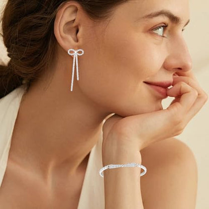 NEWITIN 4 Pieces Crystal Jewelry Set for Women Wedding Costume Accessories | Hypoallergenic, Cubic Zirconia, Necklace Earrings Bracelet, Tennis, Silver Jewelry for Wedding Bride Bridesmaid Party Prom - color: Silver Bow