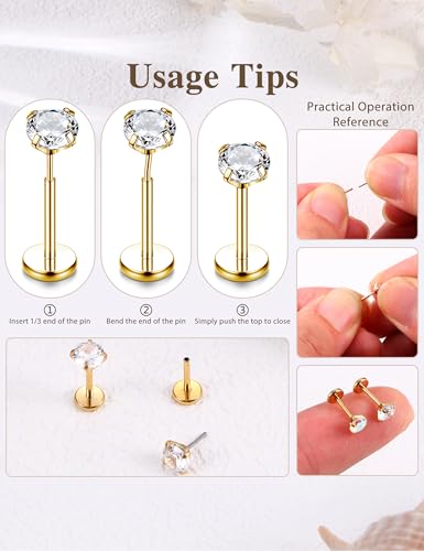 Sanfenly Threadless Flat Back Earrings Studs 316L Surgical Steel Cartilage Earrings for Women Men Push in Nose Rings Studs 20G 18G 16G CZ Opal Tragus Helix Conch Lip Labret Medusa Nostril Piercing Jewelry Hypoallergenic - color: 14K Gold, size: 18g=1.0mm