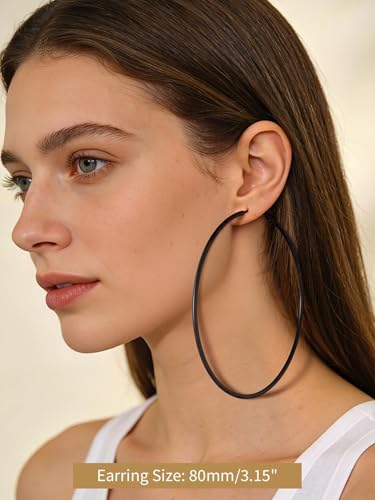 FindChic Thin Hoop Earrings for Women,Silver/Black/Gold Plated 20-100mm - color: Black, size: 80mm
