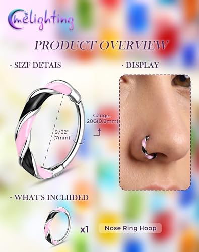 Melighting 20G Twist Nose Ring Hoop Stainless Steel 316L Piercing Jewelry | 7/8 mm Nose Piercing Jewelry, Cute Hinged Segment Clicker Lobe Helix Daith Cartilage Earring for Women - color: Steel PKB, size: 20g7mm