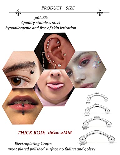 20G 16G 14G 12G Eyebrow Piercing Jewelry Surgical Steel Curved Barbell Eyebrow Ring Vertical Labret Lip Jewelry Rook Daith Earrings Piercing Jewelry for Women Men 6mm 8mm 10mm 12mm 14mm - color: 16G-Silver