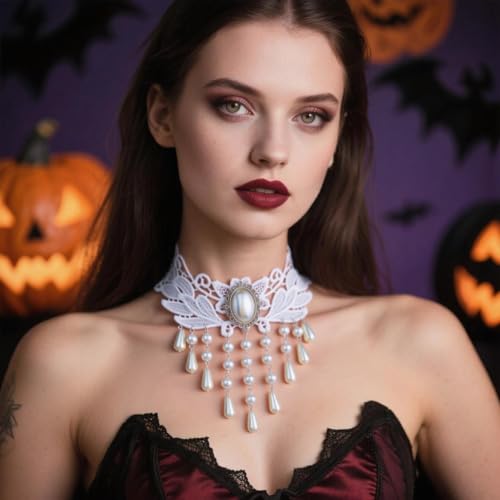Goth Black Choker Necklace Crystal Bead Pendant Necklace for Women Gothic Velvet Lace Choker Halloween Vampire Witch Cosplay - color: H-White