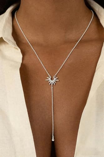 14K Gold Plated Layered Lariat Necklace for Women - Waterproof Non-Tarnish Dainty Gold Chain Necklace, Long Boho Statement Jewelry for Wedding, Prom, Summer Vacation Gifts - color: CZ Y Necklace-Silver