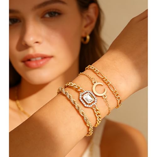 Alegend 14K Gold Plated Stackable Multilayer Bracelets + Titanium Steel(Not Rust, Resist Corruption, Easily Clean) 18K Gold Plated Single Bracelets - color: 14K Gold Plated Four-Layered