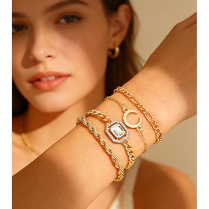 Alegend 14K Gold Plated Stackable Multilayer Bracelets + Titanium Steel(Not Rust, Resist Corruption, Easily Clean) 18K Gold Plated Single Bracelets - color: 14K Gold Plated Four-Layered