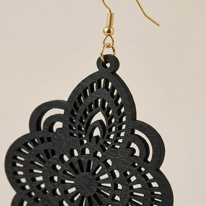 Boho Black Filigree Dangle Earrings for Women, Lightweight Hollow Lace Drop, Wood, 3.34" x 1.69", Bohemian Jewelry - color: Black
