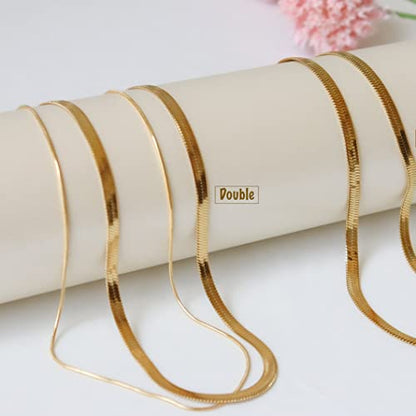 18K Gold Plated Layered Herringbone Necklaces for Women Dainty Layering Beaded Snake Chain Choker Moon Coin Pendant Necklace Trendy Stainless Steel Jewelry - color: Double Herringbone-Gold