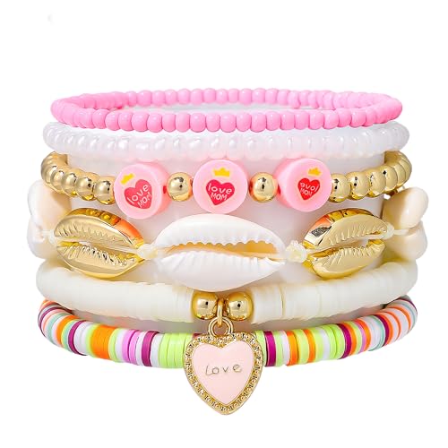 Summer Surfer Heishi Bracelet Set for Women Stackable Gold Plated Clay Ploymer Bead Stretch Pink Beach Layering Bracelets Jewelry - color: A-Pink 3 heart 6pcs