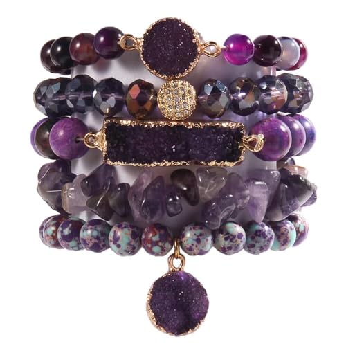 Yomisa 5PCS 6PCS Natural Boho Beaded Bracelets/Bangle for Women Men,Healing Turquoise Jasper Agate Crystal Gemstone Stone Chakra Multilayer Wrap Bohemian Handmade Jewelry Beads Stretch Bracelet Set - color: 5PCS-Purple