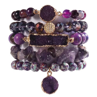 Yomisa 5PCS 6PCS Natural Boho Beaded Bracelets/Bangle for Women Men,Healing Turquoise Jasper Agate Crystal Gemstone Stone Chakra Multilayer Wrap Bohemian Handmade Jewelry Beads Stretch Bracelet Set - color: 5PCS-Purple