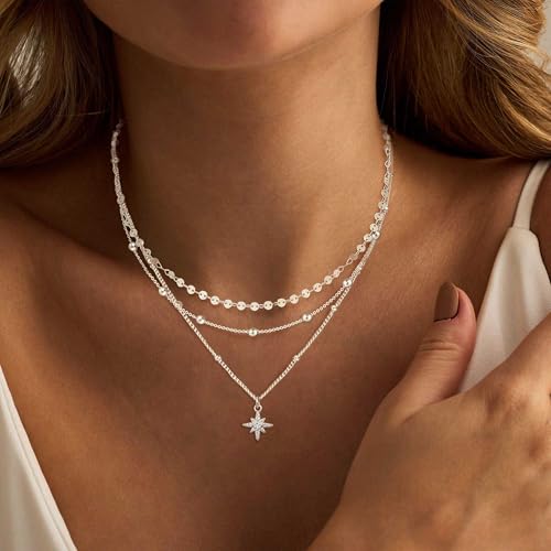 XIXINI Layered Necklaces for Women, Dainty Gold Necklace Stack 14k Gold Plated Layering Pendant Necklace Set Simple Statement Gold Necklaces for Women Trendy Fashion Waterproof Gold Jewelry - color: Silver-Set 5