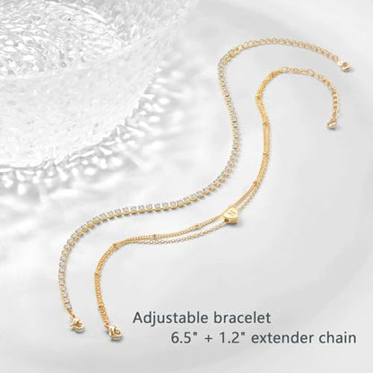 YANODA Gold Initial Bracelets for Women, 14K Gold Plated Bracelet Sets Trendy Gold Bracelet Stack Dainty Heart Letter Initial Bracelets Adjustable Tennis Bracelets Personalized Jewelry for Women - color: T