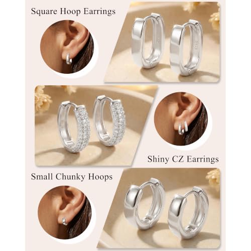3 Pairs Chunky Small Hoops Set Huggie Earring Stack | Non Tarnish Hypoallergenic 925 Silver Square Earrings Waterproof Cubic Zirconia Hoop Earrings Chunky Gold Small Hoops - color: Silver