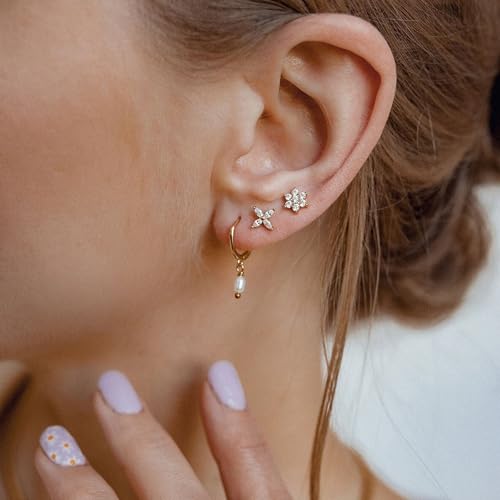 Sterling Silver Earrings Stacks for Women, Hypoallergenic Cartilage Earring | Dainty Stud Huggie Hoop Dangle Chain Earrings, 14K Gold/White Gold Plated - color: 3Pairs-Pearl Flower Set-Gold
