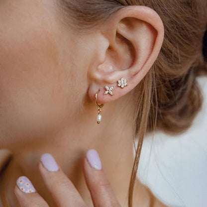 Sterling Silver Earrings Stacks for Women, Hypoallergenic Cartilage Earring | Dainty Stud Huggie Hoop Dangle Chain Earrings, 14K Gold/White Gold Plated - color: 3Pairs-Pearl Flower Set-Gold