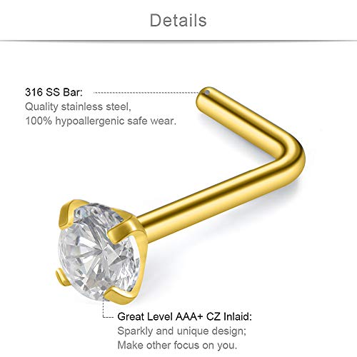 SCERRING 18G Stainless Steel L-Shaped Nose Stud Rings Tragus Lip Hoop Piercing Jewelry 1.5-3mm Clear CZ 8-30PCS - color: 16PCS - Gold