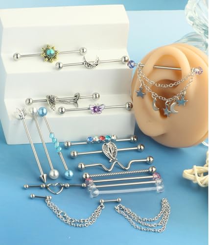 TIANCI FBYJS 7-16pcs 14G Stainless Steel Industrial Piercing Barbell Earring Cartilage Body Jewelry 38mm 1&1/2 Inch Industrial Piercing Bar for Women Men Snake Chain Dangle - color: mix 16pcs