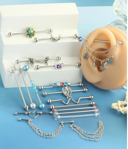 TIANCI FBYJS 7-16pcs 14G Stainless Steel Industrial Piercing Barbell Earring Cartilage Body Jewelry 38mm 1&1/2 Inch Industrial Piercing Bar for Women Men Snake Chain Dangle - color: mix 16pcs