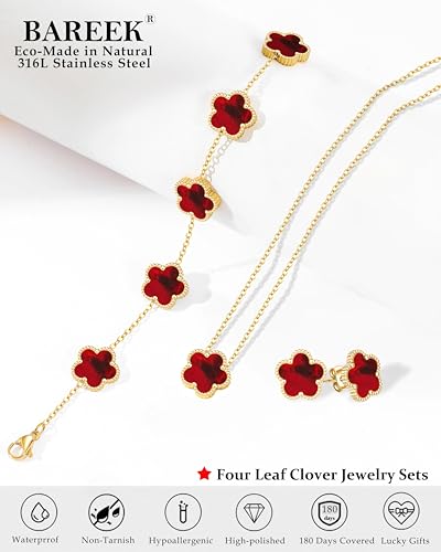 Clover Jewelry Set 3 PC - 18K Gold Plated Stainless Steel Y Necklace Four Leaf Pendant, Clover Link Bracelet Charm, Flower Earrings, Hypoallergenic Non-Tarnish,Simple Luxury Lucky Gifts for Women - color: Red