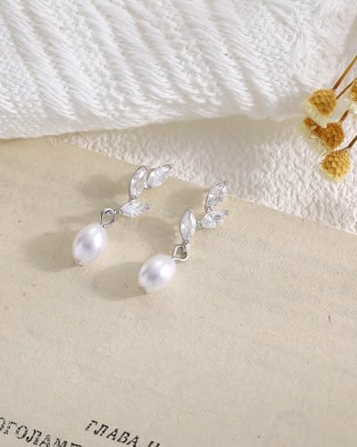 Pearl Earrings for Women, 14k Gold Plated Trendy Diamond Pearl Drop Earrings Bridal Shower Gifts Wedding jewelry for Women - color: Style C Silver