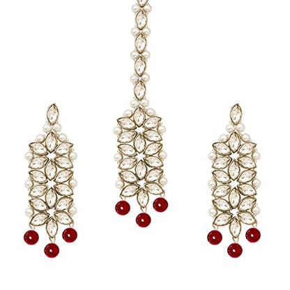Aheli Wedding Party Wear Bridal Jewellery Choker Long Pearl Necklace Earrings Maang Tikka Indian Traditional Set Gift for Women - color: Maroon 3