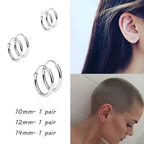 EPIRORA Silver Hoop Earrings- Cartilage Endless Small Hoop Earrings Set for Women Men, 3 Pairs of Hypoallergenic 925 Sterling Silver Tragus Earrings Nose Lip Rings - color: 3 Pairs(10/12/14mm)