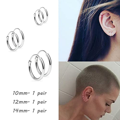 EPIRORA Silver Hoop Earrings- Cartilage Endless Small Hoop Earrings Set for Women Men, 3 Pairs of Hypoallergenic 925 Sterling Silver Tragus Earrings Nose Lip Rings - color: 3 Pairs(10/12/14mm)