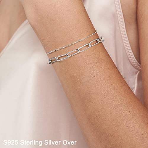 Dainty Gold Bracelets for Women, 14K Gold Plated Adjustable Layered Beads Bracelet Cute Evil Eye Oval Chain Pearl Bar Turtle Gold Bracelets for Women Jewelry - style: Layered CZ Chain
