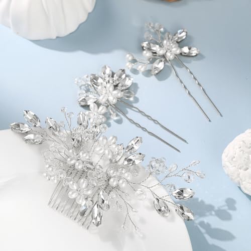 Wedding Hair Accessories Crystal bridal hair pins Rhinestone Pearl hair comb Brides and Bridesmaids, Girls, Women(SILVERY) - color: Silver