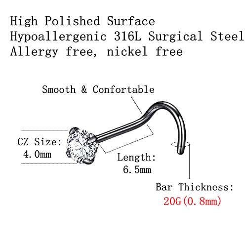 316L Surgical Steel 22g/20g/18g Nose Rings Studs L-Shape Nose Nostrial Piercing Body Jewerly L Shaped Nose Studs 1.5mm 2mm 2.5mm 3mm CZ Nose Screw Studs Rings for Women - style: 6pcs/Screw20g/4.0mm Clear CZ/Black
