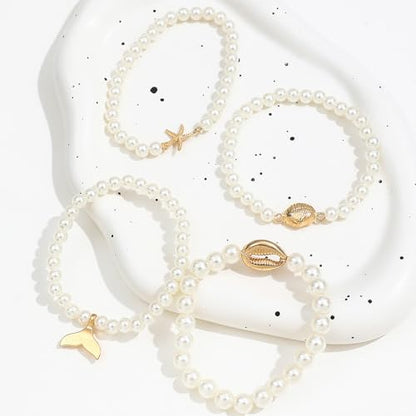 Pearl Bracelets for Women Simulated Pearl Beaded Bracelet White Pearls Stackable Stretch Bracelet Set Multilayered Elastic Pearls Bracelets for Women Bridesmaid Bridal Jewelry - color: gold starfish