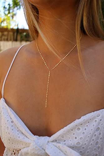Foxgirl Lariat Gold Necklace for Women, Dainty Long Necklace 14k Gold Plated/Silver Y-Shaped Pendant Necklace Trendy Layered Cz Beaded Chain Drop Necklaces Simple Gold Jewelry For Women Gift - color: Y Necklace-GD
