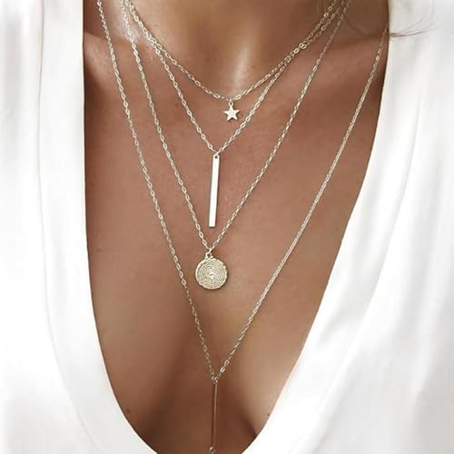 Layered Necklace Pendant Handmade Dainty Choker Bar Layering Long Necklace for Women(Silver) - color: Silver Star