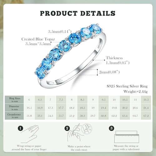3.5mm Stackable Rings S925 Sterling Silver Created Birthstone & Cubic Zirconia Ring for Women Wedding Bands Anniversary Birthday Jewelry Size 6 to 10(with Box) - color: 12-Created Blue Topaz-Dec