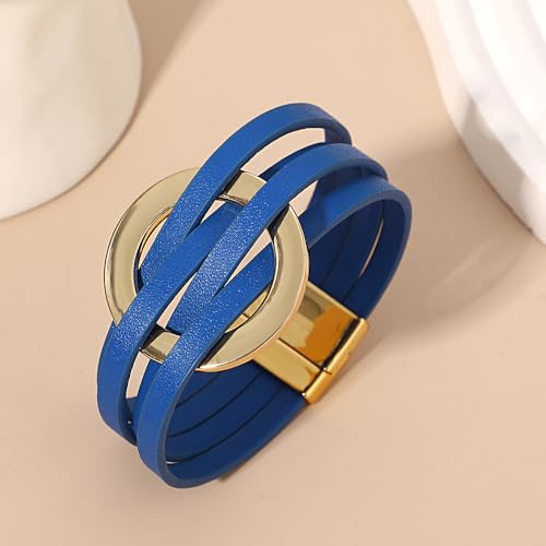 hotoo Circle Charm Bracelets for Women Handmade Leather Wrap Bracelets for Couples Friendship Bracelet Bohemian Cuff Bangle Boho Jewelry Gift - color: New Blue