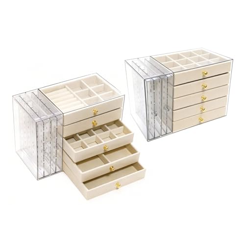 beige Jewelry Box Organizer, Transparent Acrylic Case with Velvet-Lined 5 drawers and 2 side drawers, Versatile Compartments for Earrings, Rings, Necklaces, Bracelets - color: Beige