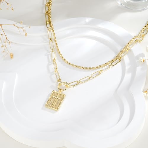 M MOOHAM Cross Necklace for Women Non Tarnish - 14K Gold Plated Dainty Clover Cross Layered Necklaces Stack Set Herringbone Figaro Paperclip Chain Necklace Trendy Religious Baptism Faith Jewelry Gifts - color: cross-rope chain
