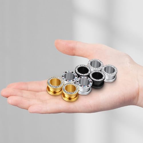 WBRWP Unisex Women 6pcs/8pcs-3pairs/4pairs Hollow Zircon Stainless Steel Screw Ear Plugs Tunnels with ZirconEar Plugs Tunnels - Ear Expander - Ear Gauges Stretcher Body Piercing 8g-5/8 - color: 4pairs(8pcs) set with Zircon