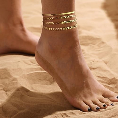 Rotnso Anklets for Women 14K Gold Silver Plated Ankle Bracelets Trendy Waterproof Boho Anklets Set Adjustable Dainty Cute Diamond Beaded Heart Non Tarnish Summer Beach Jewelry Gift - style: 4Pcs Cuban&Mariner-GD