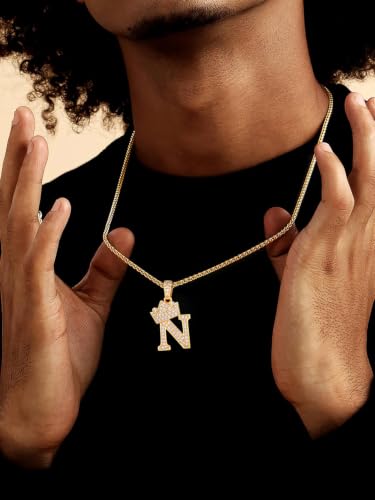 U7 Crown Initial Necklace Men Women, Bling Diamond A-Z 0-9 Letter Pendant with Wheat Chain, Silver/Black/Gold Plated CZ Alphabet Number Hip Hop Jersery for Father Husband - color: a. Gold, size: 14. N