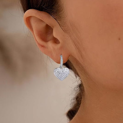 Dainty Full Cubic Zirconia Heart Dangle Small Hoop Earrings for Women Ladies Trendy Sweet Crystal Bling CZ Love Charm Drop Huggie Earring for Her Birthday Valentines Mother's Day Fine Jewelry Gifts - color: Silver-tone