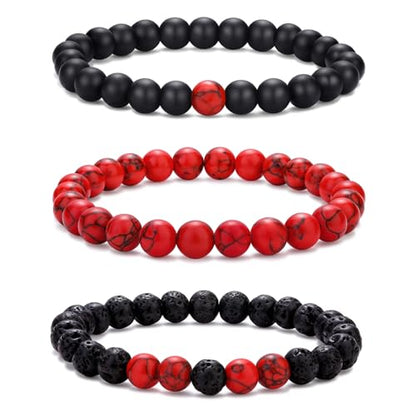 Mens Bead Bracelet Set - Adjustable Elastic Rope With 6&8MM Natural Stone Multi-Colored Beads - Tiger Eye Bracelets for Men - Gift - style: 3,red,black bracelet