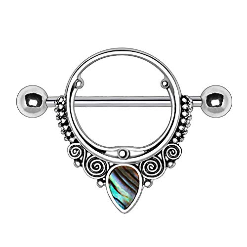 Pierced Owl Stainless Steel Abalone Teardrop Ornate Nipple Shields, Sold as Pair